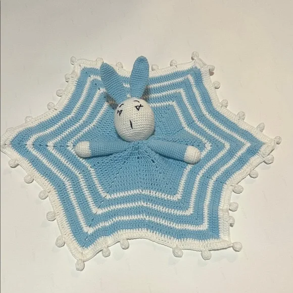 Handmade Blue and White Crochet Bunny Blanket - Picture 3 of 4